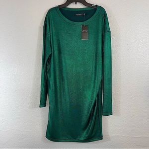 Ralph Lauren Womens Holiday Green Foil Jersey Shift Dress long sleeves NWT $125